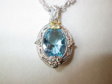 Judith Ripka Blue Oval Topaz Estate Necklace Sterling Silver 18K Gold W Sapphire