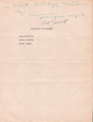 Bandleader/Actor Art Jarrett Autographed Mail Interview Page