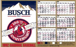 St. Louis Cardinals 100th Anniversary 1892-1992 Magnetic Baseball Schedule  New
