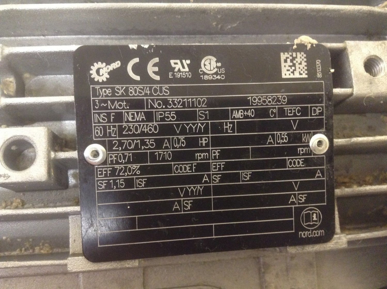 Nord SK 93372.1ADH-80S/4 CUS Gear Motor 230/460 36.80:1 1710 RPM SK 80S ...