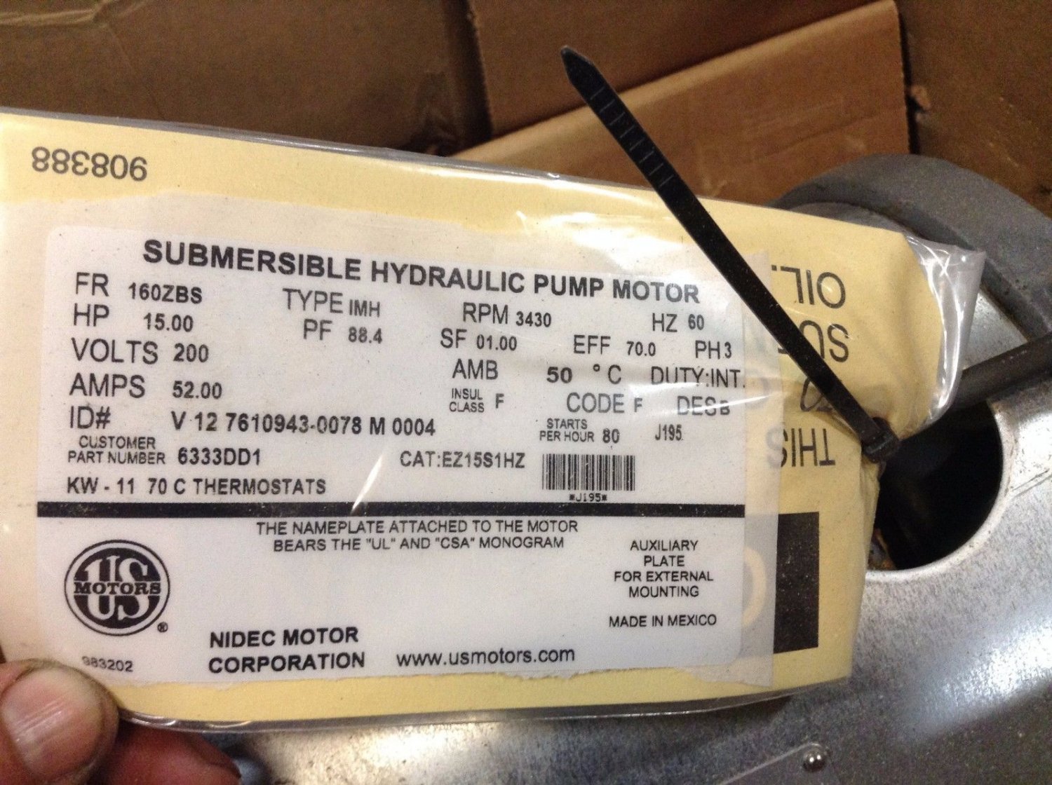 U.S. Motors EZ15S1HZ 160ZBS 15 HP 200 V 3430 RPM Submersible Hyd Pump