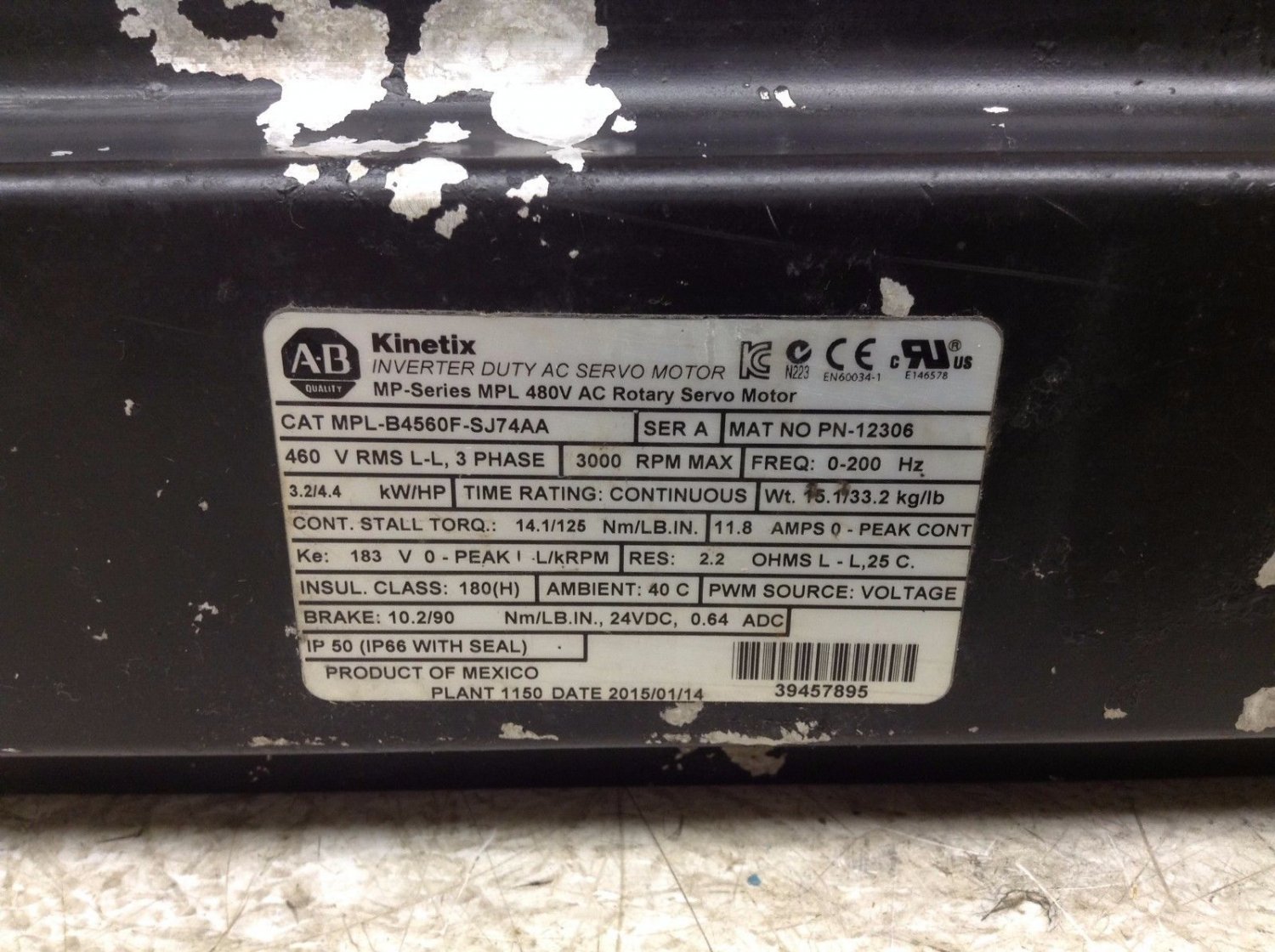 Allen Bradley MPL-B4560F-SJ74AA PN-12306 Kinetix AC Servo Motor ...