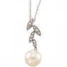 14kt White Gold Freshwater Cultured Pearl & Leaf Pattern Diamond Necklace