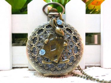 Creative poker rabbit rhinestone bronze pocket watch necklace, vintage charm steampunk pocket watch.