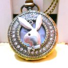 Creative bunny rhinestone bronze pocket watch necklace, vintage charm steampunk pocket watch.