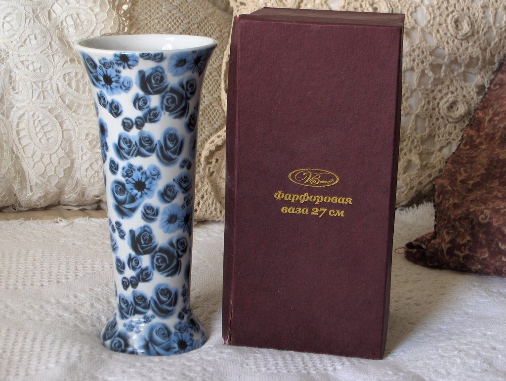 VA BENE Dark Blue Transfer Decorated Flower Vase Defective