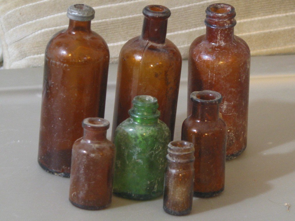 BOTTLES Antique Small Brown Bottle Set of 7 Dirty and Worn