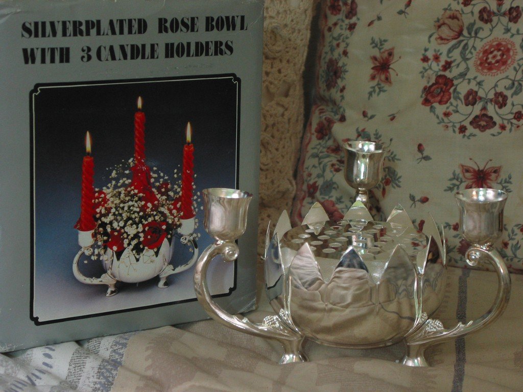SILVER PLATED 3 Candlestick Candle Holder Rose Bowl