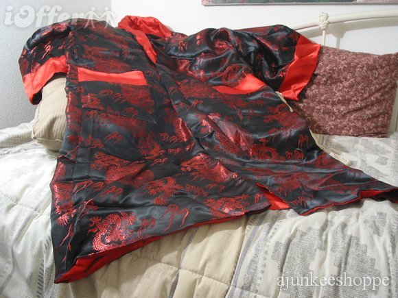 SILK ROBE Oriental Dragon Reversible Black Red Used