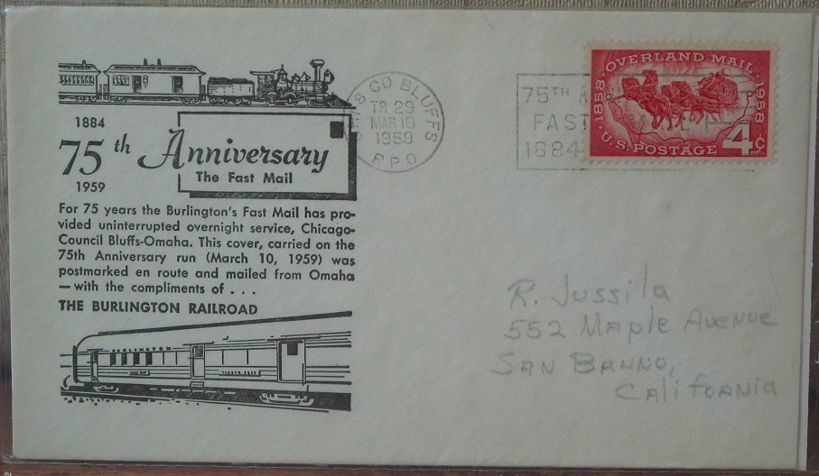 OVERLAND FAST MAIL 1959 75th Anniverary Burlington Railroad Cover 4 Cent Stamp