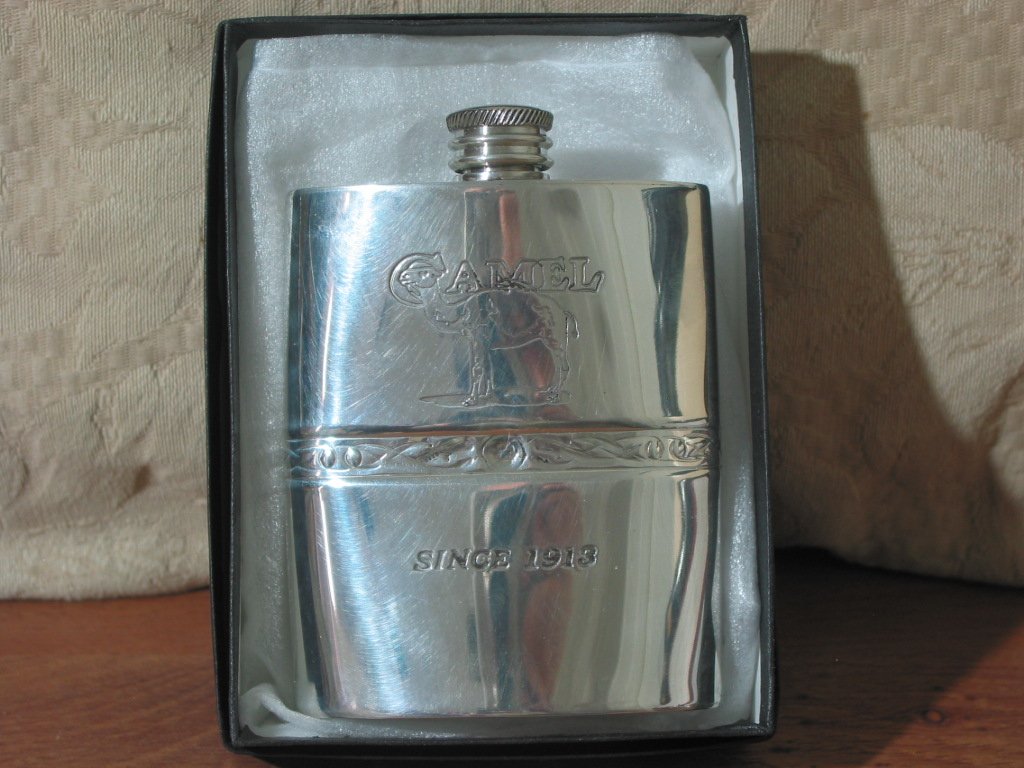 CAMEL Cigarette Bucks Damaged Booze Flask Sheffield Alchemy Pewter Whiskey Liquor Unused