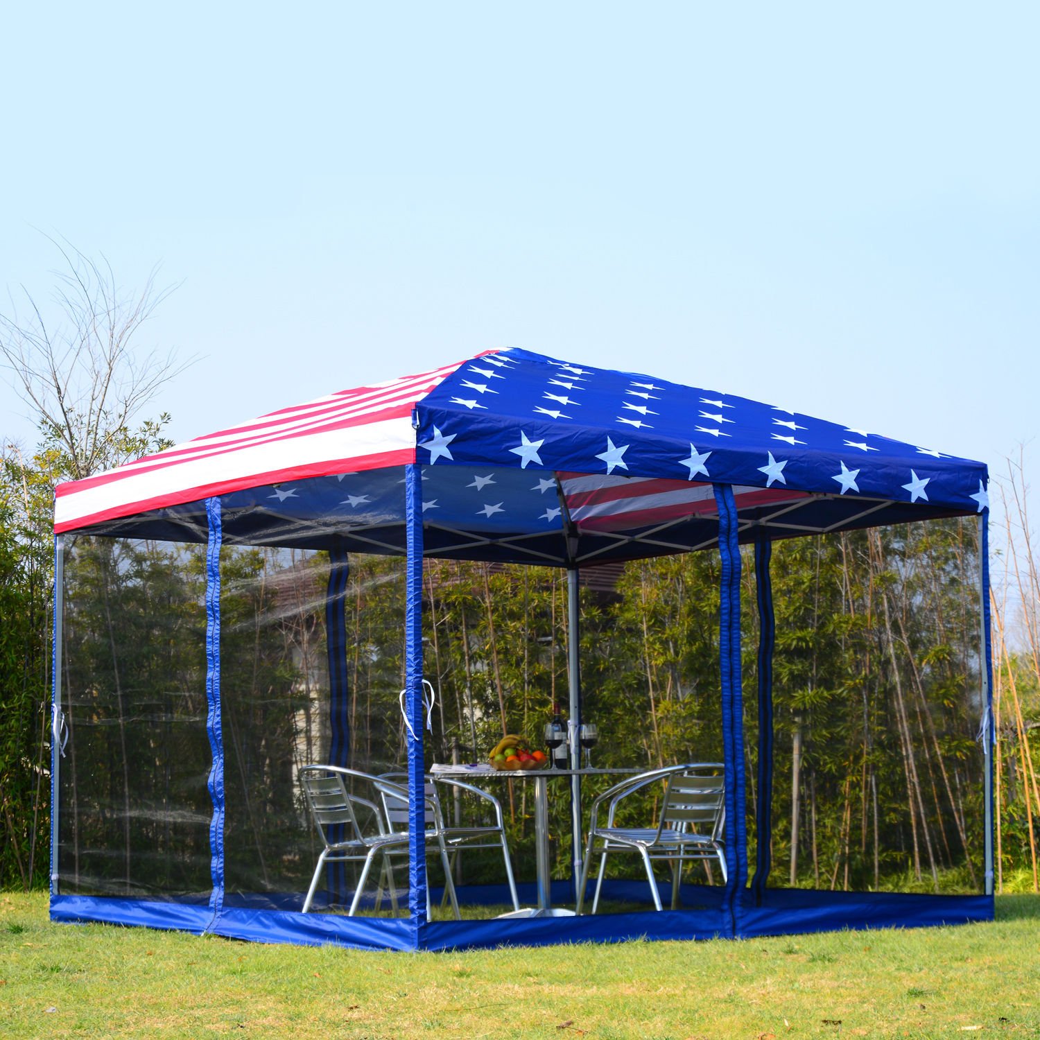 10' x 10' PopUp Canopy Shelter Party Tent with Mesh Walls American Flag