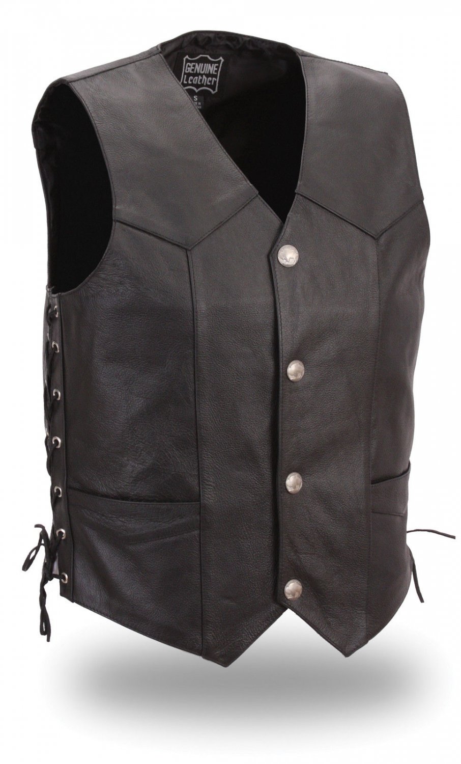 Men's Cowhide Leather Motorcycle Vest w Side Lace & Buffalo Nickel Snaps