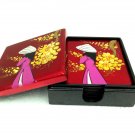Hand Painted Square Coaster Set of 6 pcs in a container box Glossy Red Coaster Wedding Décor