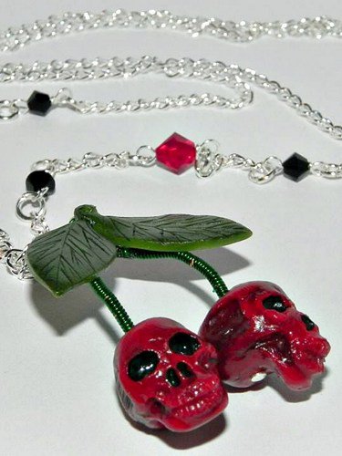 Skull Cherries Necklace, Hand Sculpted