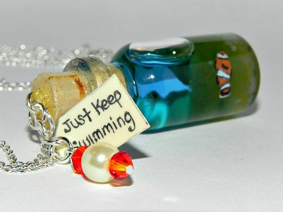 Just Keep Swimming Clown Fish Necklace, Bottle Necklace
