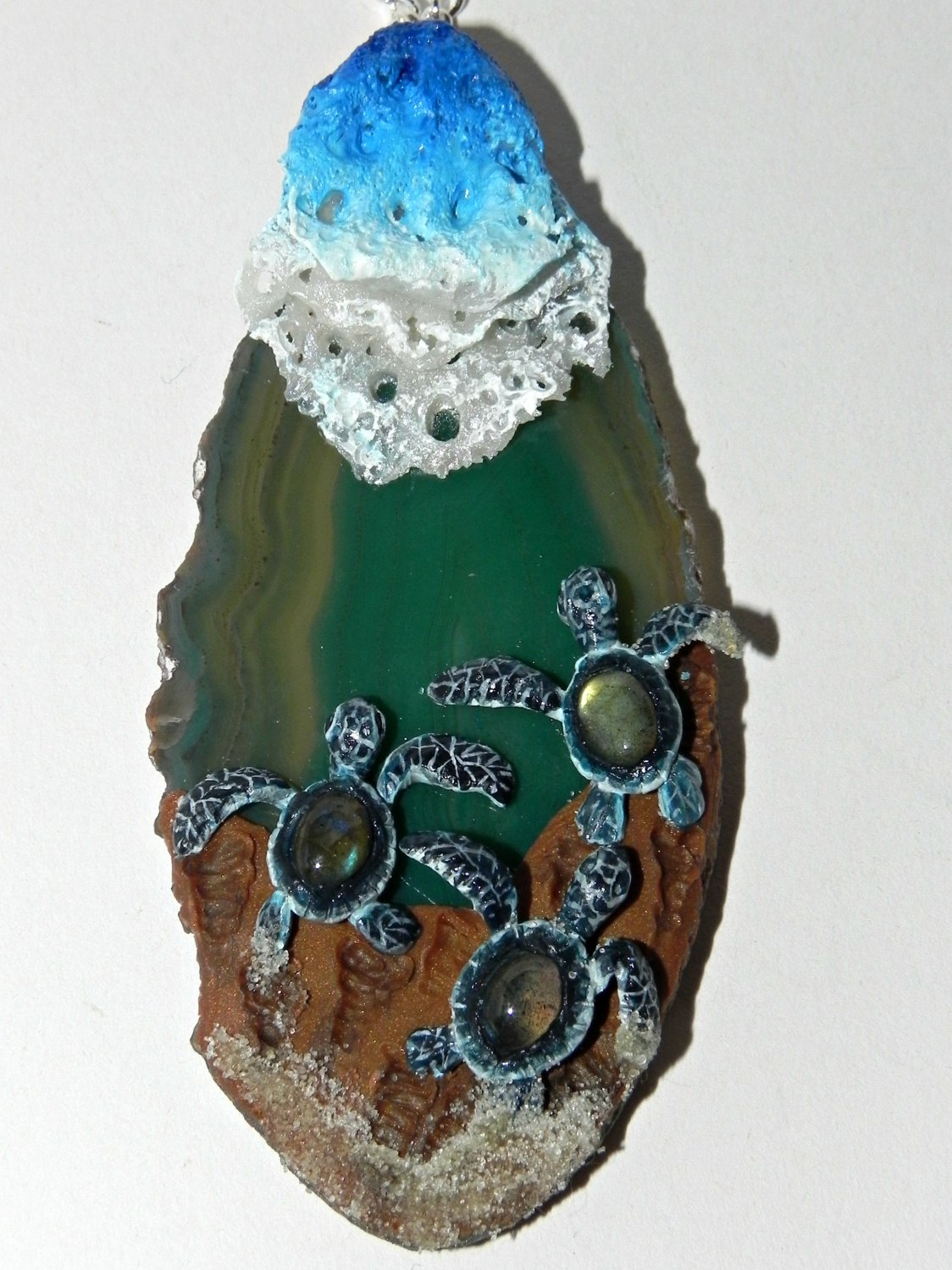 Take Courage! Labradorite Baby Sea Turtles on Agate Pendant