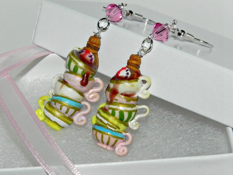 Tick Tock, It's Tea Time! Hand Sculpted, Handmade Earrings