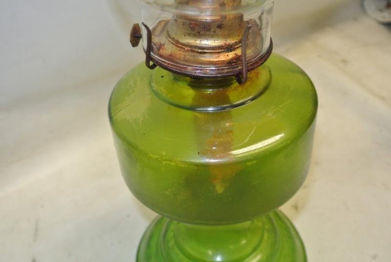 Vintage EAGLE Glass Oil Kerosene Lamp, Green Base & Clear Hurricane Shade