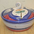 Gently Used Terracotta Stoneware Round Covered Casserole Dish, Painted Floral