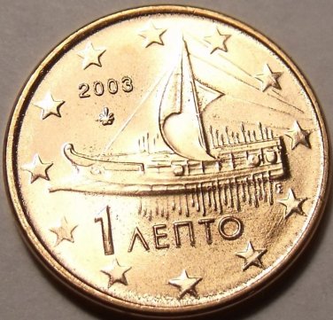 GEM UNC GREECE 2003 ONE EURO CENT~SHIP COIN~FREE SHIPPING~GREAT PRICE~