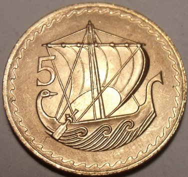 RARE GEM UNC CYPRUS 1963 FIVE MILS~MERCHANT SHIP~1ST YEAR EVER~FREE SHIPPING~