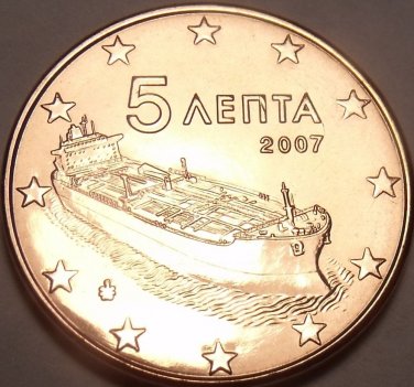 Gem Unc Greece 2007 5 Euro Cents~Minted In Athens~Ocean Freighter~Free Shipping