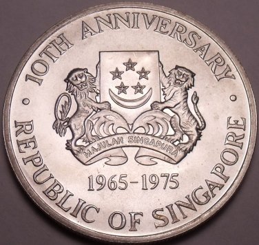 Massive Unc Silver Singapore 1975 Dollar~10th Anniversary Of Independence~Fr/Shi