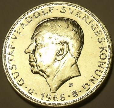 MASSIVE GEM UNC SILVER SWEDEN 1966-U 5 KRONER~FREE SHIP