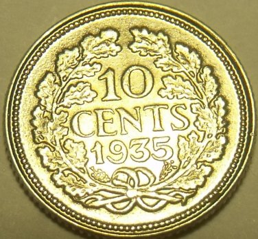 Rare Gem Unc Silver Netherlands 1935 10 Cents~Fantastic~Free Shipping