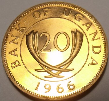 Large Rare Proof Uganda 1966 20 Cents~Only 8,250 Minted~Crossed Tusks~Free Ship