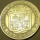 HUGE SILVER CZECHOSLOVAKIA 1928 10 KRONEN~EXCELLENT~F/S