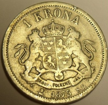 EXTREMELY RARE SILVER SWEDEN 1875-ST KRONA~FREE SHIP~
