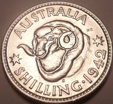 Scarce Unc Silver Australia 1942-S Shilling~Rams Head~George VI~Free Shipping~