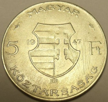 HUGE SILVER HUNGARY 1947-BP 5 FORINT~WOW~FREE SHIPPING~