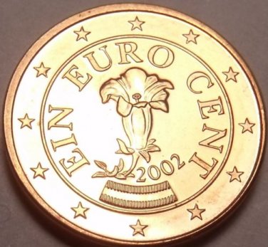Gem Unc Austria 2002 1 Euro Cent~Gentian flower~Minted In Vienna~Free Shipping