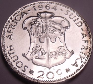 Large Silver Proof South Africa 1964 20 Cents~16,000 Minted~Protea Flower~Fr/S