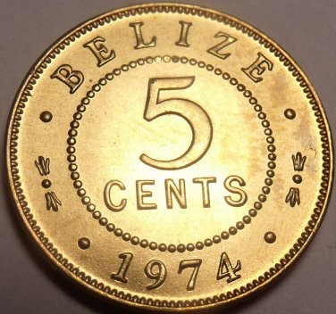 Gem Unc Belize 1974 5 Cents~Nickel-Brass~Only 210K Minted~Free Shipping~