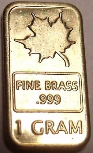 UNC .999 PURE BRASS 1 GRAM MAPLE LEAF BAR~FREE SHIPPING