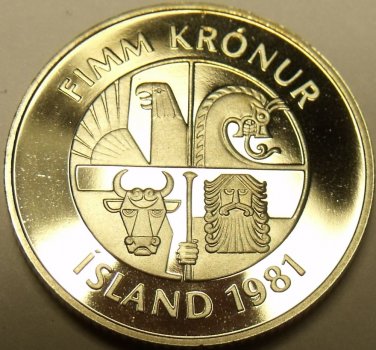 Rare Proof Iceland 1981 5 Kronur~Only 15,000 Minted~Two Dolphins Leaping~Free Sh