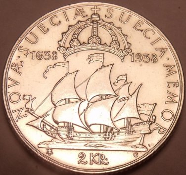 Gem Unc Silver Sweden 1938 2 Kronor~The Calmare Nyckel~Settlement Of Deleware~FS