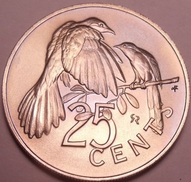 Rare Gem Unc British Virgin Islands 1973 25 Cents~Mangrove Cuckoo~20k Minted~F/S