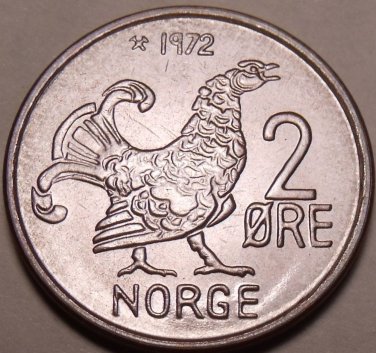 Gem Unc Norway 1972 2 Ore~Moor Hen~Last Year Ever Minted~Free Shipping~