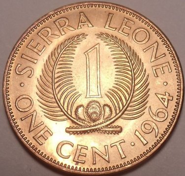 Gem Unc Sierra Leone 1964 1 Cent~Sir Milton Margai~Palm Sprigs~1st Year~Free Shi