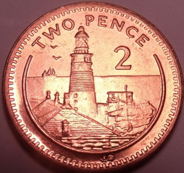 Large Gem Unc Gibraltar 1994 2 Pence~Lighthouse on Europa Point~Free Shipping
