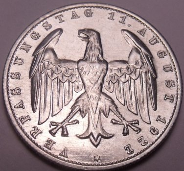 Large Au-Unc Germany 1922-A Weimar Republic 3 Mark Coin~3rd Anniversary~Free Shi