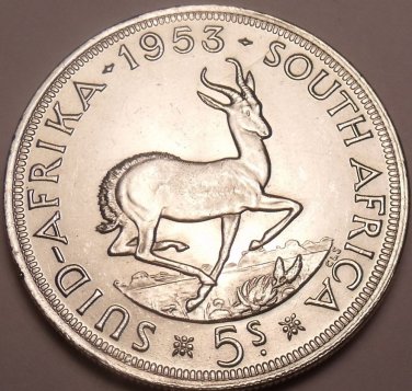 Gem Unc Silver South Africa 1953 5 Schillings~Over 60 Years Old~Free Shipping