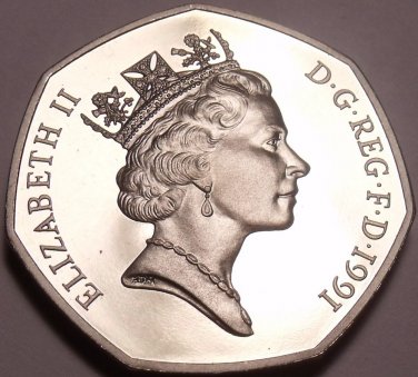 Extremely Rare Cameo Proof Great Britain 1991 50 Pence~Only 10,000 Minted~Fr/Shi