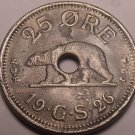 Rare Greenland Danish Colony 1926-HCN-GJ 25 Ore~Polar Bear~Center Hole~Free Ship
