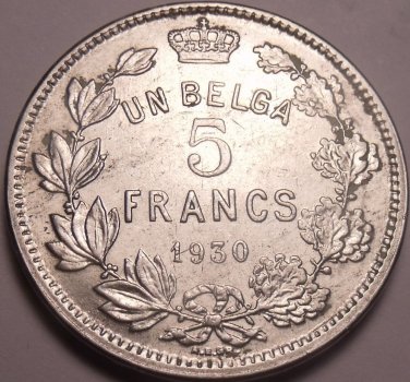 Huge Belgium 1930 5 Francs~First Year Ever Minted~Free Shipping